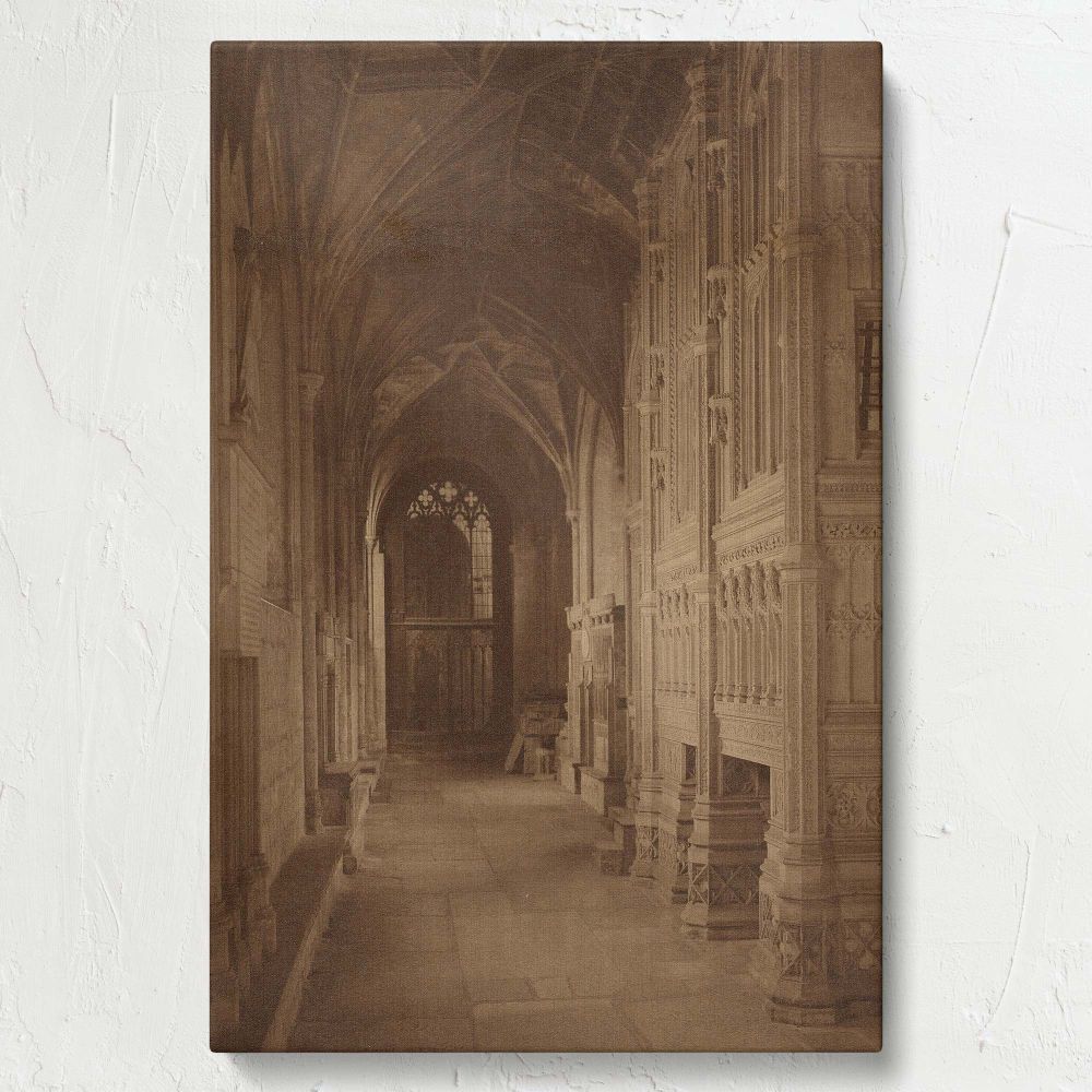 Elegant vintage Gothic hallway showcasing intricate stone carvings, arched vaulted ceilings, and atmospheric lighting from a distant stained glass window, highlighting the richness of historical architecture and detailed craftsmanship.