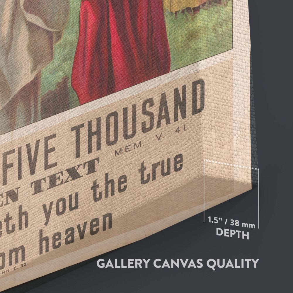 Christian artwork portraying the miracle of feeding the five thousand with Jesus Christ in white robes standing surrounded by disciples holding baskets and a young boy offering loaves and fish under a calm sky with a large crowd in the background.