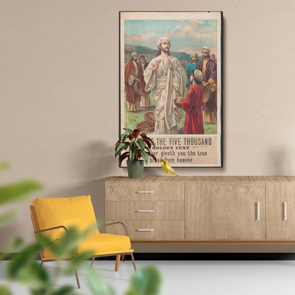 Inspirational wall canvas illustrating the miracle of feeding the five thousand with Jesus Christ in white robes surrounded by disciples holding baskets of bread and fish and a young boy offering food under a soft sky with a large crowd in the background.