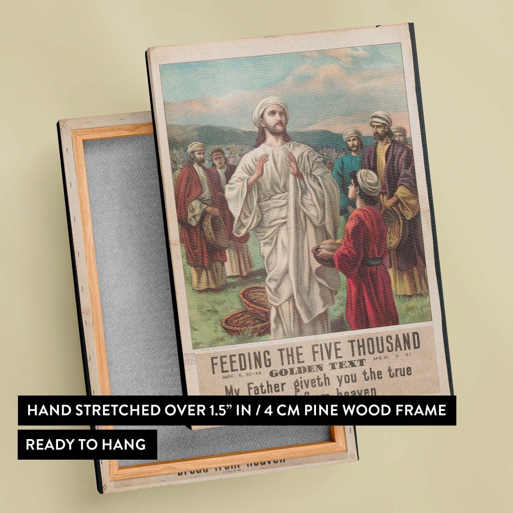 Feeding the five thousand artwork depicting Jesus Christ standing in white robes with disciples holding baskets of bread and fish and a young boy offering food under a peaceful sky surrounded by a vast crowd symbolizing faith and divine compassion.