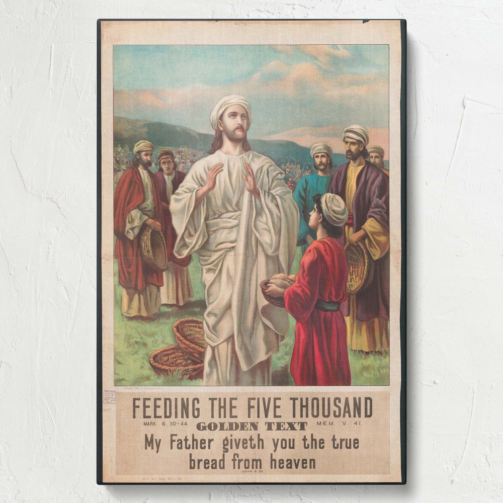 Christian artwork portraying the miracle of feeding the five thousand with Jesus Christ in white robes standing surrounded by disciples holding baskets and a young boy offering loaves and fish under a calm sky with a large crowd in the background.