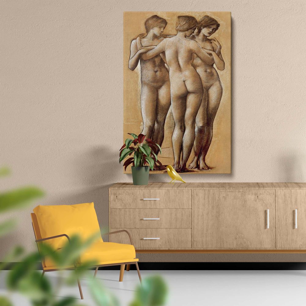 Artistic nude study Venus Concordia: Study of the Three Graces by Edward Burne-Jones illustrating three standing female figures intertwined gracefully symbolizing love balance and harmony with intricate shading and refined classical detailing.