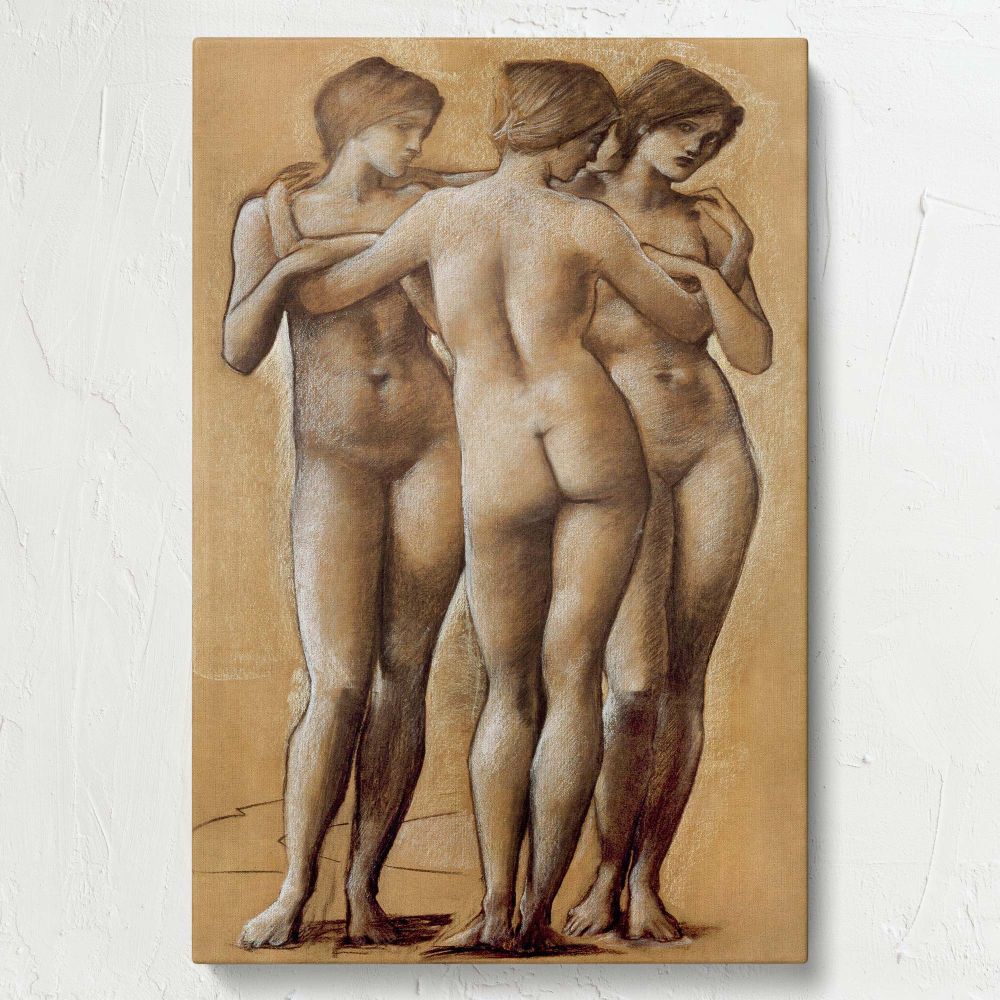 Edward Burne-Jones artwork Venus Concordia: Study of the Three Graces featuring three elegantly intertwined nude female figures standing together symbolizing love harmony and balance with delicate shading and classical artistry on a vintage canvas.