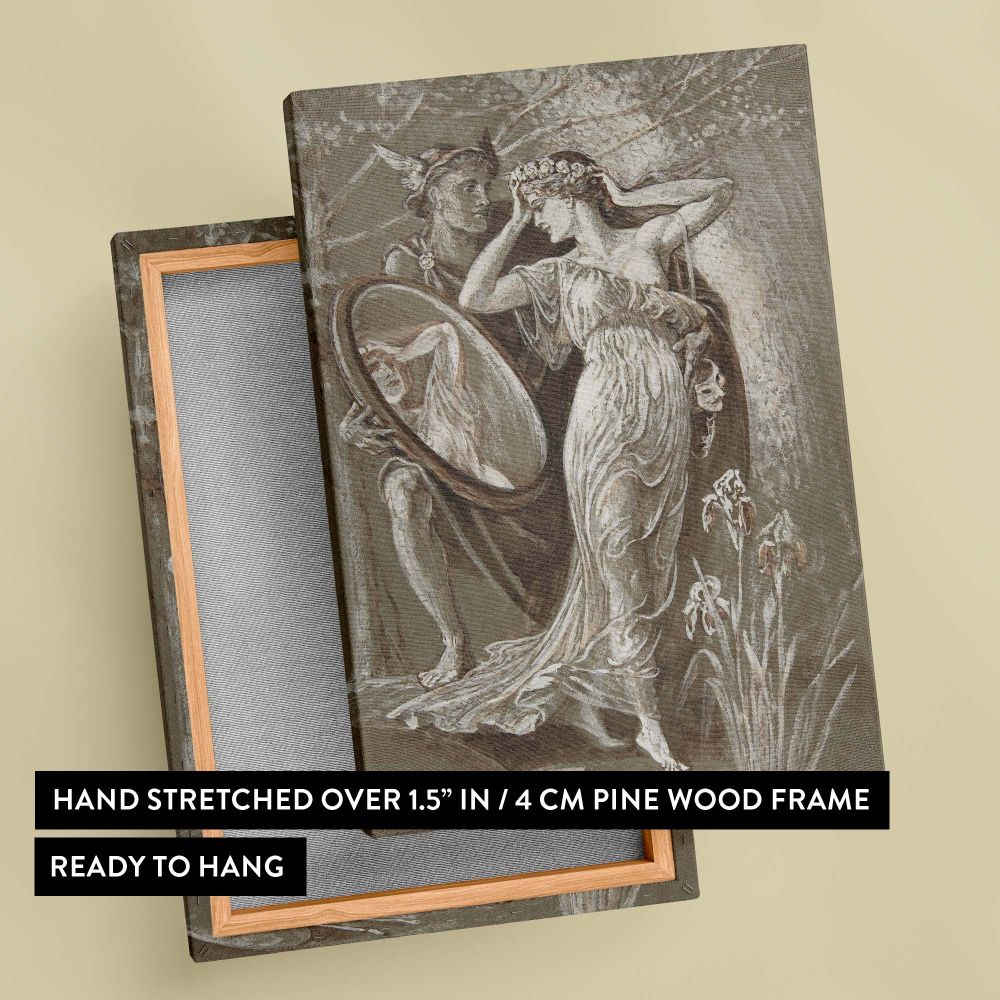 Walter Crane's The Mirror of Venus or L'Art et Vie ca 1890 featuring goddess Venus gazing into a symbolic mirror held by a winged figure surrounded by delicate natural elements and graceful flowing garments expressing art life and mythological symbolism.