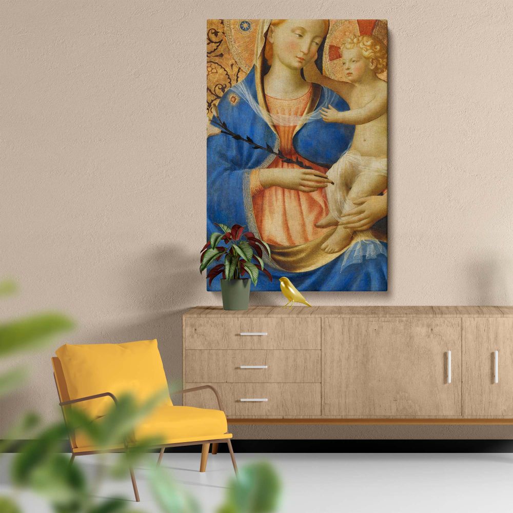 Renaissance art masterpiece Madonna of Humility by Fra Angelico featuring Virgin Mary holding baby Jesus in a serene moment of maternal love while holding a lily flower symbolizing purity set against a golden background rich with intricate detailing.