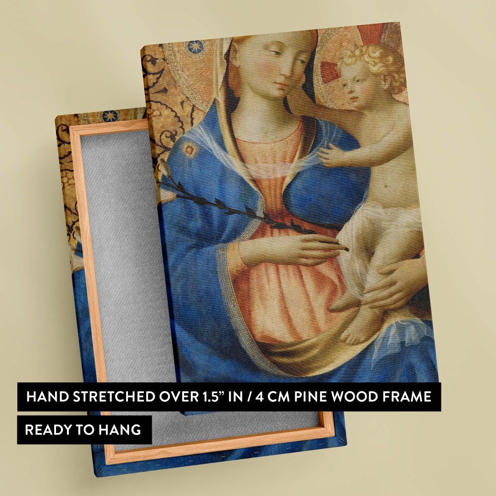 Madonna of Humility by Fra Angelico (1440) captures the Virgin Mary holding baby Jesus with a lily in her hand, representing purity and innocence, set against an elaborate golden background filled with divine light and maternal tenderness.