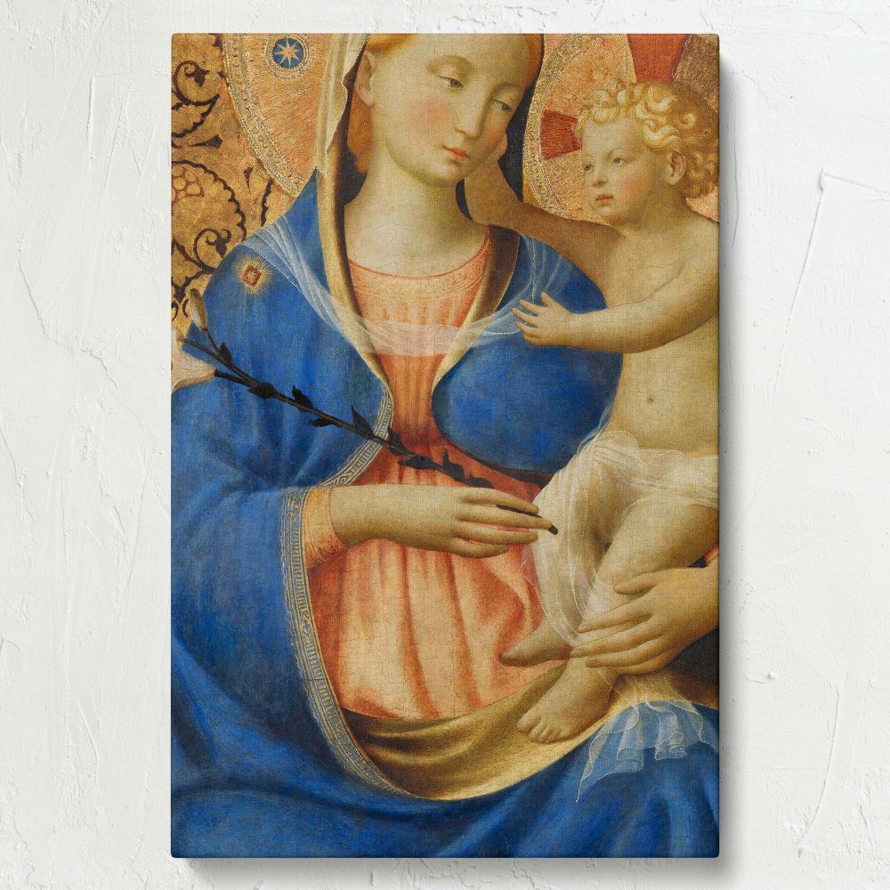 Madonna of Humility by Fra Angelico, painted in 1440, portrays the Virgin Mary tenderly holding baby Jesus with a lily in hand, symbolizing purity and innocence, against an intricate golden background representing divine love and spiritual devotion.
