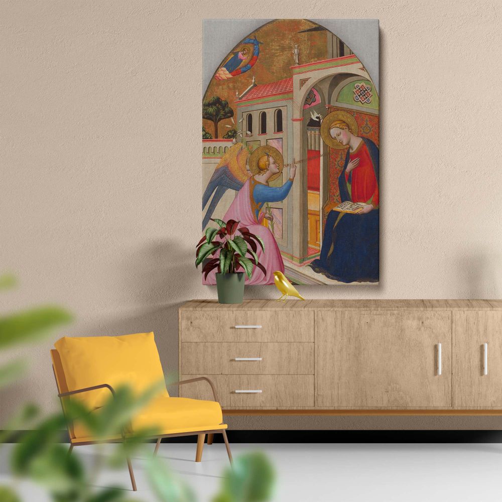 The Annunciation by Tommaso del Mazza captures a profound biblical scene with the angel Gabriel presenting a lily to the Virgin Mary, symbolizing purity, against an ornate Gothic backdrop with golden halos and intricate architectural details.