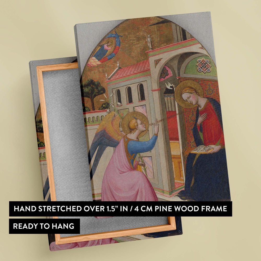 Gothic masterpiece The Annunciation by Tommaso del Mazza portrays the Virgin Mary and angel Gabriel surrounded by detailed architectural patterns, golden halos, vibrant robes, and symbolic lilies, representing faith, purity, and divine connection.