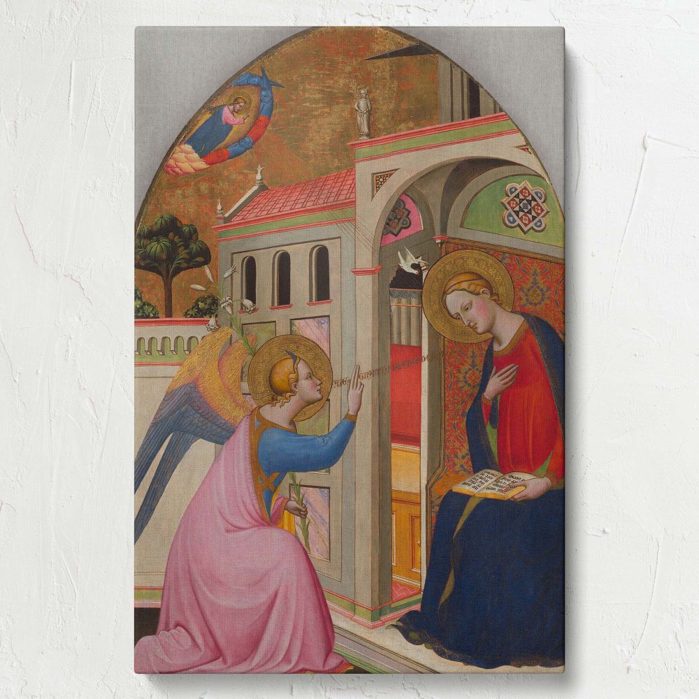 Religious art The Annunciation by Tommaso del Mazza shows the angel Gabriel kneeling before the Virgin Mary, delivering God's message with a lily in hand, set against an ornate architectural scene filled with symbolic golden detailing and rich colors.