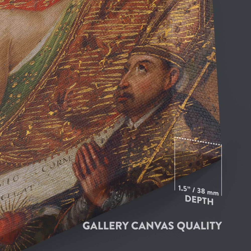 Classic painting The Virgin Adoring the Christ Child with Two Saints features the Virgin Mary in a golden robe and crown, hands clasped in prayer, while the Christ Child rests on ornate cloth, with two saints kneeling below in admiration and devotion.