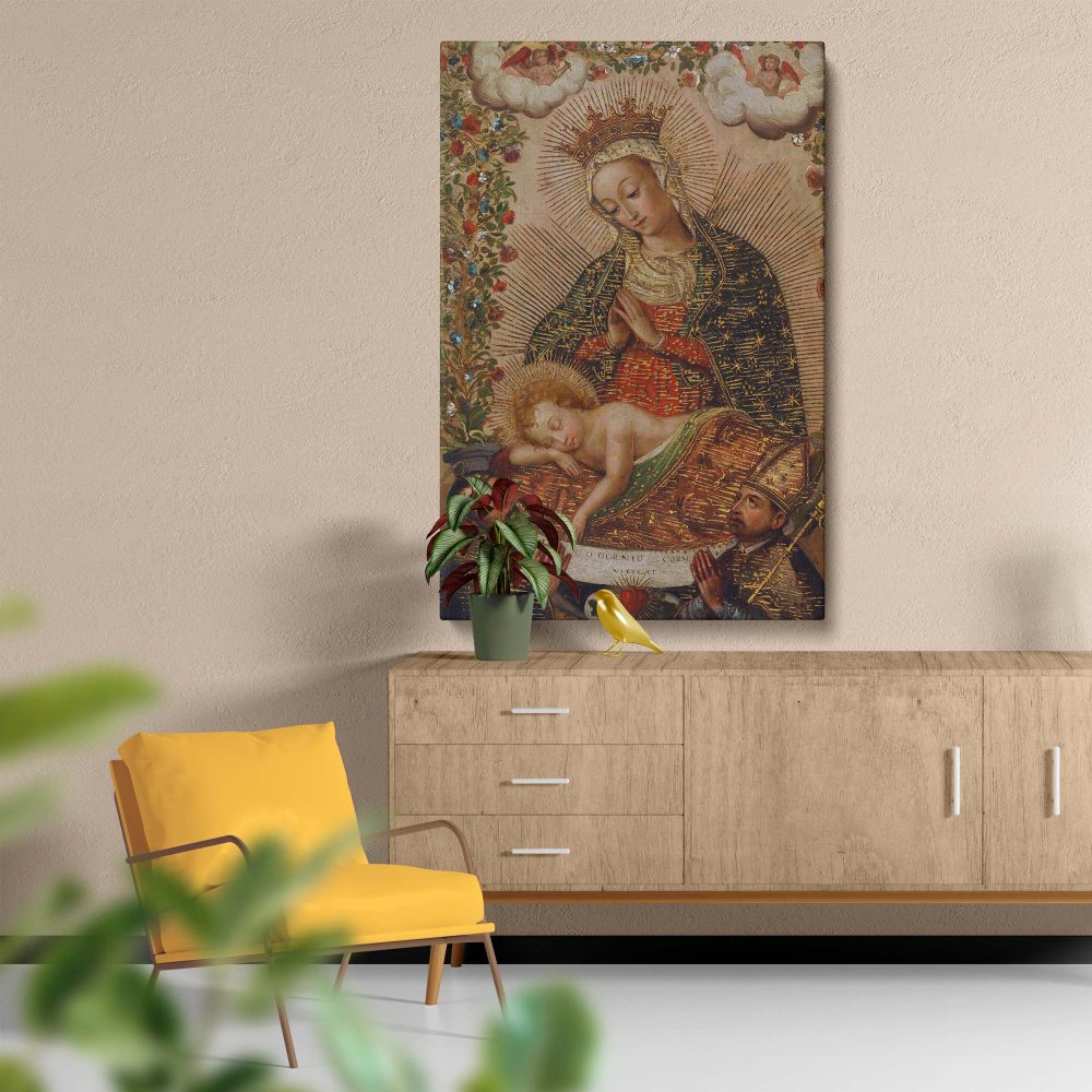 Artistic depiction of The Virgin Adoring the Christ Child with Two Saints showing the Virgin Mary watching over the Christ Child in prayer while two saints kneel below, set against a background filled with celestial light and vibrant floral embellishments