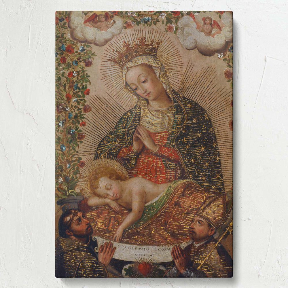 The Virgin Adoring the Christ Child with Two Saints painting illustrates the Virgin Mary in a detailed golden robe and crown, praying over the Christ Child, with two saints kneeling below and surrounded by floral patterns, halos, and divine light.