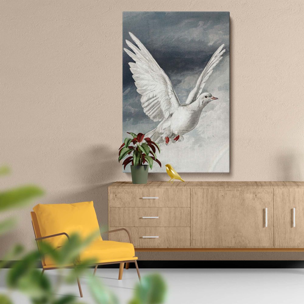Classic Easter card design from 1881 portraying a graceful white dove gliding through a cloudy sky with outstretched wings, symbolizing peace, hope, and divine serenity, intricately illustrated with fine shading and historical artistic detail.