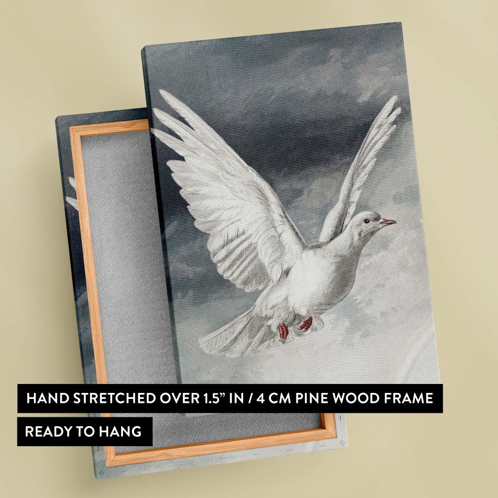 Artistic Easter card illustration from 1881 showing a white dove soaring across a cloudy sky with fully extended wings, symbolizing purity, peace, and hope, created with delicate shading and intricate feather detailing in a timeless vintage style.