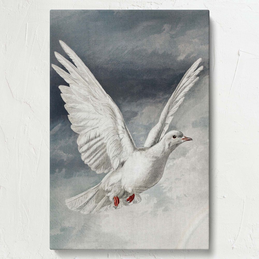 Historical artwork from an 1881 Easter card depicting a majestic white dove flying through a serene cloudy sky with detailed wings and a calm expression, symbolizing spiritual peace, hope, and purity, rendered with precision in an elegant vintage style.