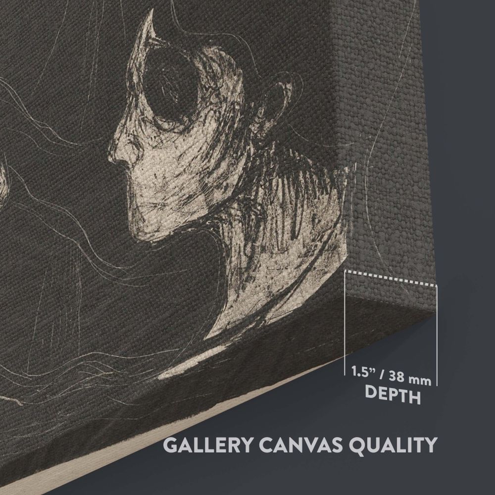 Attraction I lithograph by Edvard Munch created in 1896 showcases haunting ghost-like figures with hollow eyes in a symbolic dark setting, reflecting the artist's exploration of love, melancholy, and the psychological complexities of human relationships.