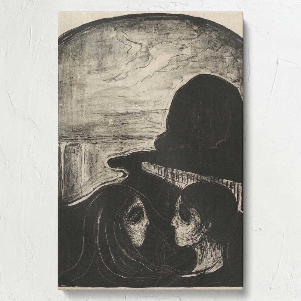 Attraction I by Edvard Munch, created in 1896, captures two haunting spectral figures in a dark, symbolic landscape, using stark contrasts and heavy lines to convey emotional depth, existential fear, and the fragile nature of human connections.