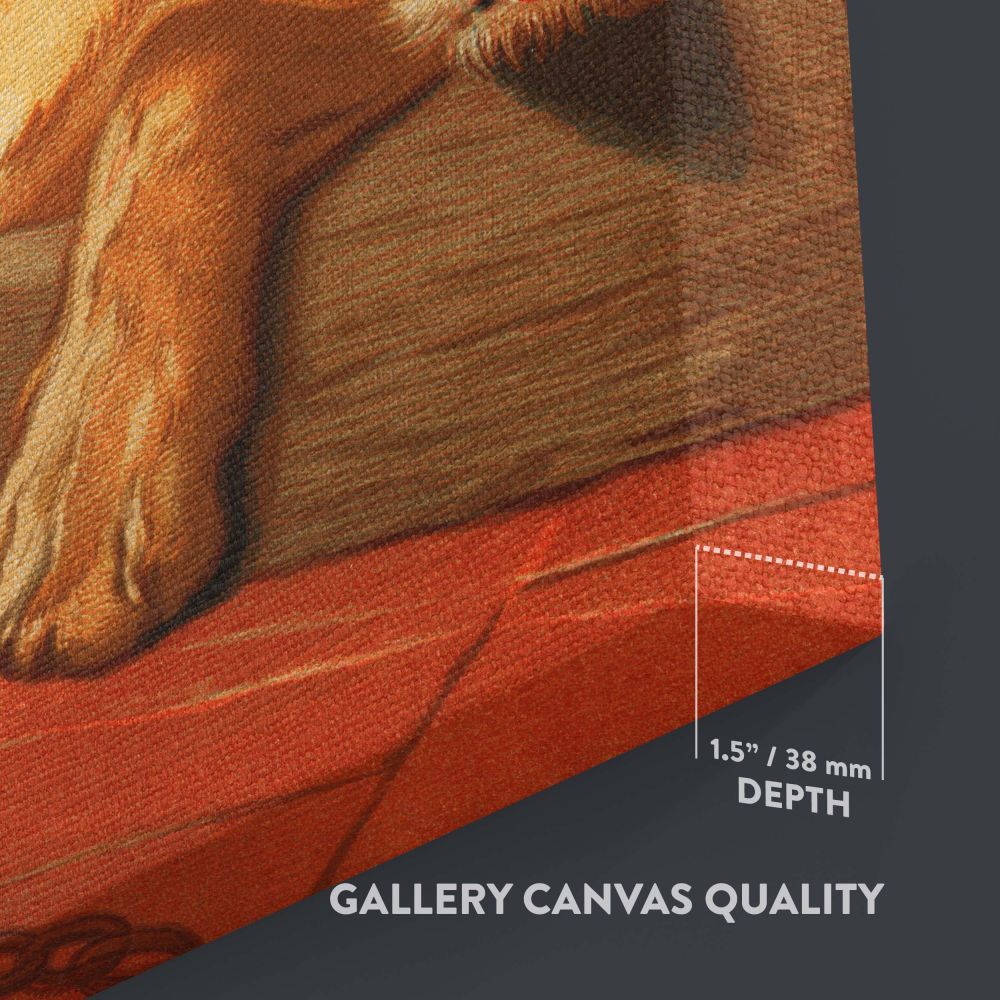 Victorian-era artwork Dignity and Impudence by Sir Edwin Landseer painted in 1877 featuring two dogs a bloodhound and a terrier symbolizing patience and mischief framed by a cozy doghouse with textured fur and lifelike expressions beautifully captured.