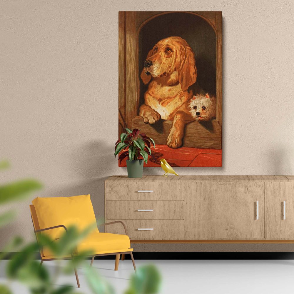 1877 oil painting Dignity and Impudence by Sir Edwin Landseer illustrating a soulful bloodhound and an energetic terrier posed together in a wooden doghouse showcasing Victorian-era attention to detail and emotional animal storytelling through art.