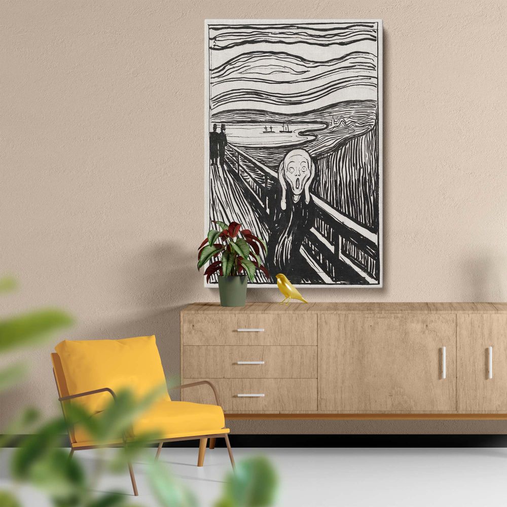 Expressionist masterpiece The Scream 1895 by Edvard Munch showing a haunting central figure on a bridge clutching their face surrounded by swirling chaotic lines with shadowy background figures symbolizing deep emotional turmoil and fear.