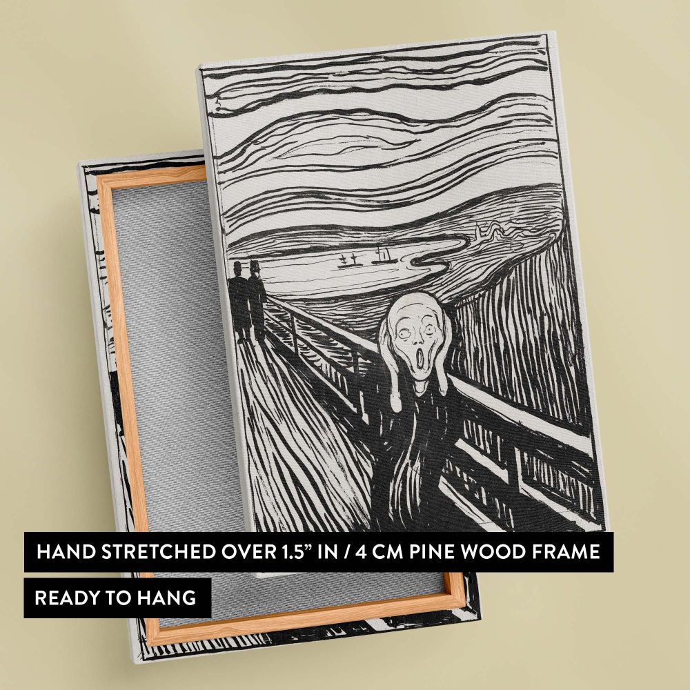 Edvard Munch's iconic lithograph The Scream 1895 depicting a solitary figure with hands to face standing on a bridge as swirling sky patterns and distant silhouettes create an overwhelming sense of existential fear and isolation.