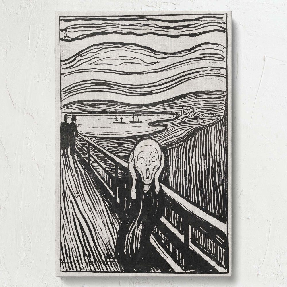 The Scream 1895 by Edvard Munch iconic lithograph showing a central figure clutching their face with wide eyes and distorted expression on a bridge surrounded by swirling chaotic lines symbolizing existential angst and psychological turmoil.