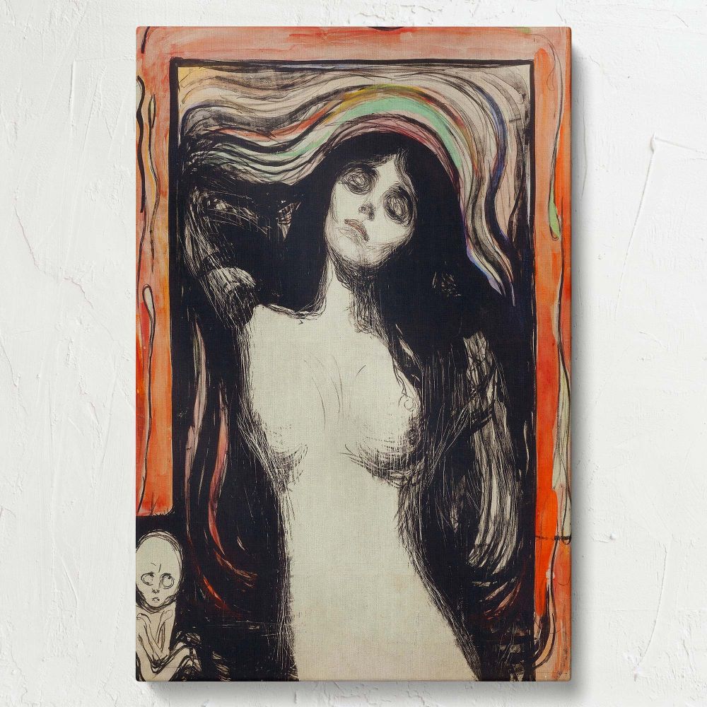 Edvard Munch's Madonna painted between 1895-1896 features an ethereal haunting female figure with dark flowing hair intense expression swirling background lines and an eerie child figure symbolizing deep emotional and existential themes.