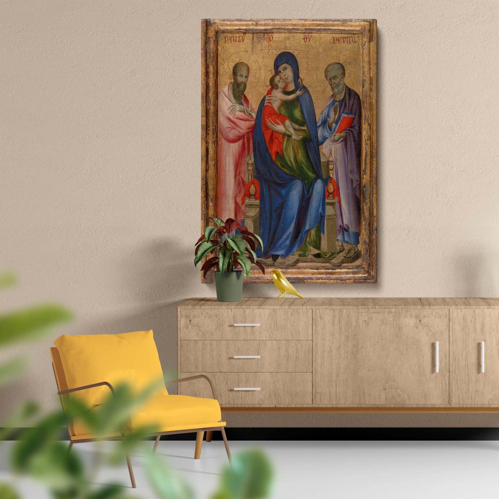 Sacred Christian art painting of Virgin Mary holding baby Jesus, accompanied by Saints Peter and Paul, showcasing vibrant colors, intricate gold leaf detailing, and an ethereal glow symbolizing faith, holiness, and medieval religious artistic heritage.