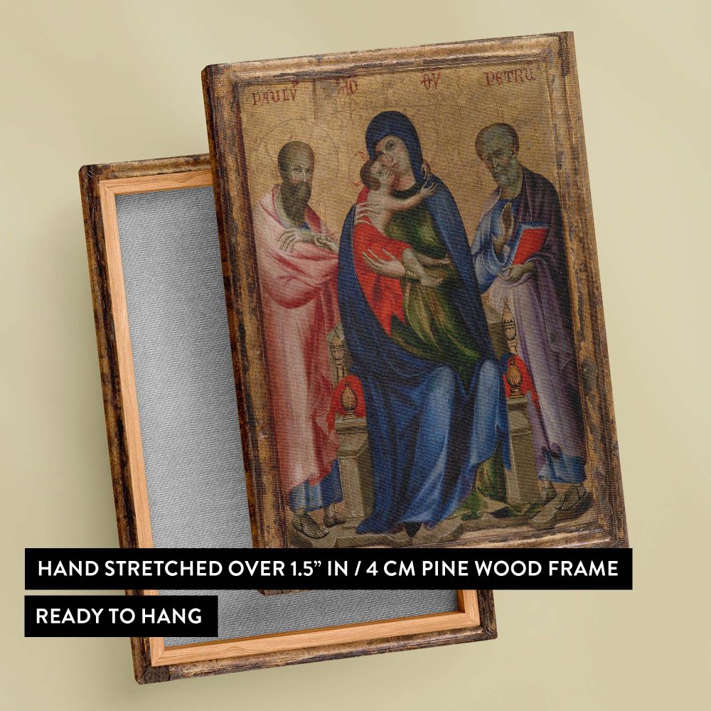 Iconic religious painting Virgin Mary with baby Jesus and Saints Peter and Paul, intricately detailed with golden accents, delicate brush strokes, and vibrant hues, reflecting medieval Christian spirituality, devotion, and artistic craftsmanship.