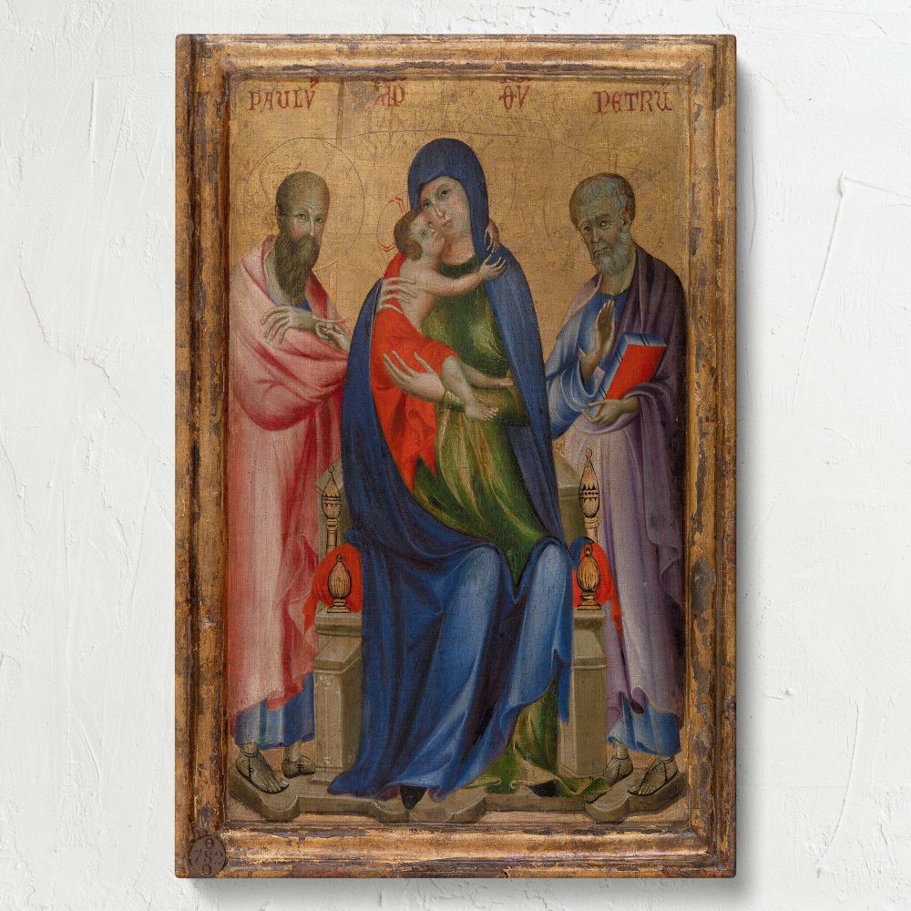 Medieval sacred painting depicting Virgin Mary embracing baby Jesus, flanked by Saints Peter and Paul, with golden halos, detailed robes, and an ornate gold leaf background, symbolizing divine light, faith, and Christian spiritual devotion.