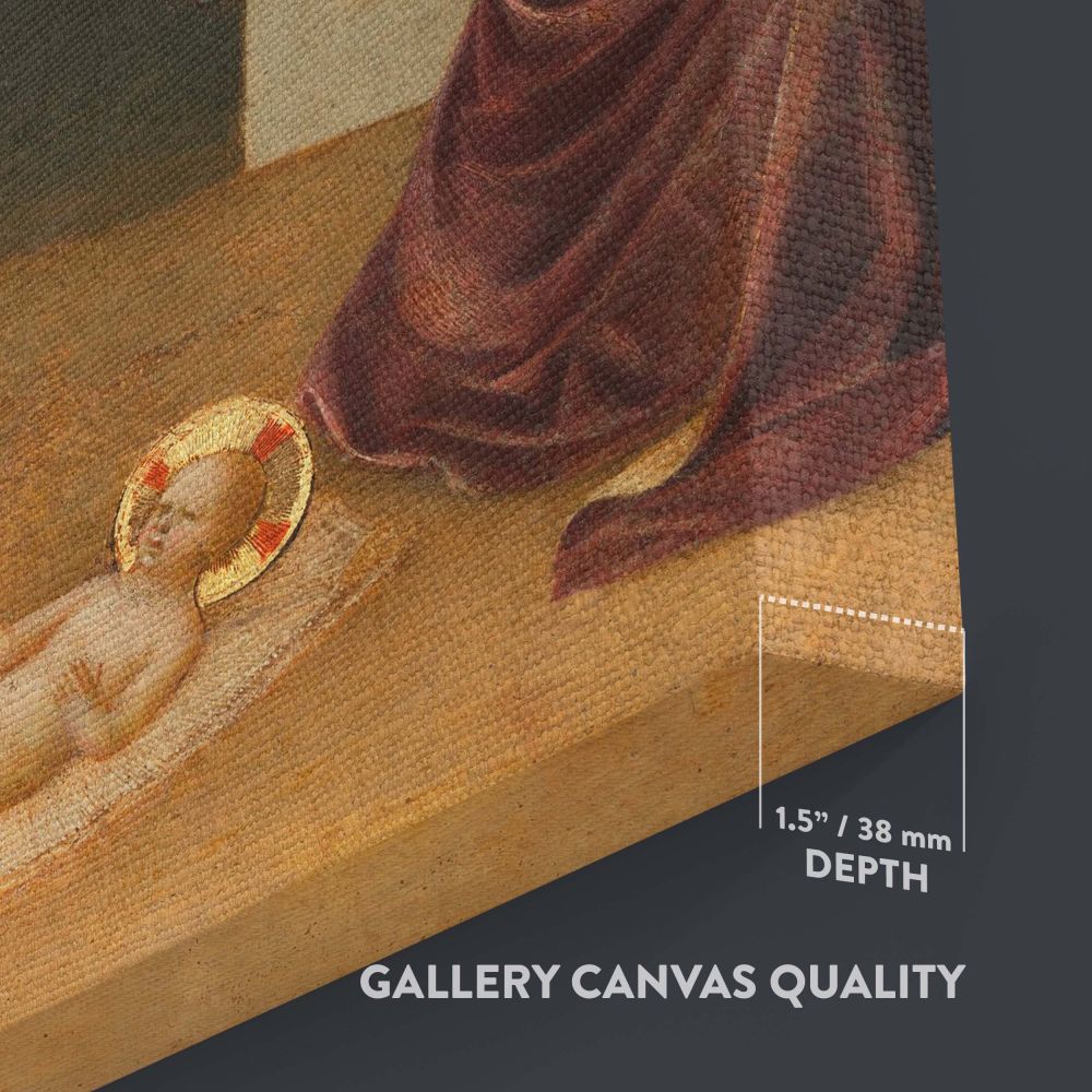 The Nativity scene artwork by Zanobi Strozzi depicts Virgin Mary Joseph and baby Jesus in a stable illuminated by golden halos with an ox and donkey in the background and celestial angels observing from above in a serene religious masterpiece.