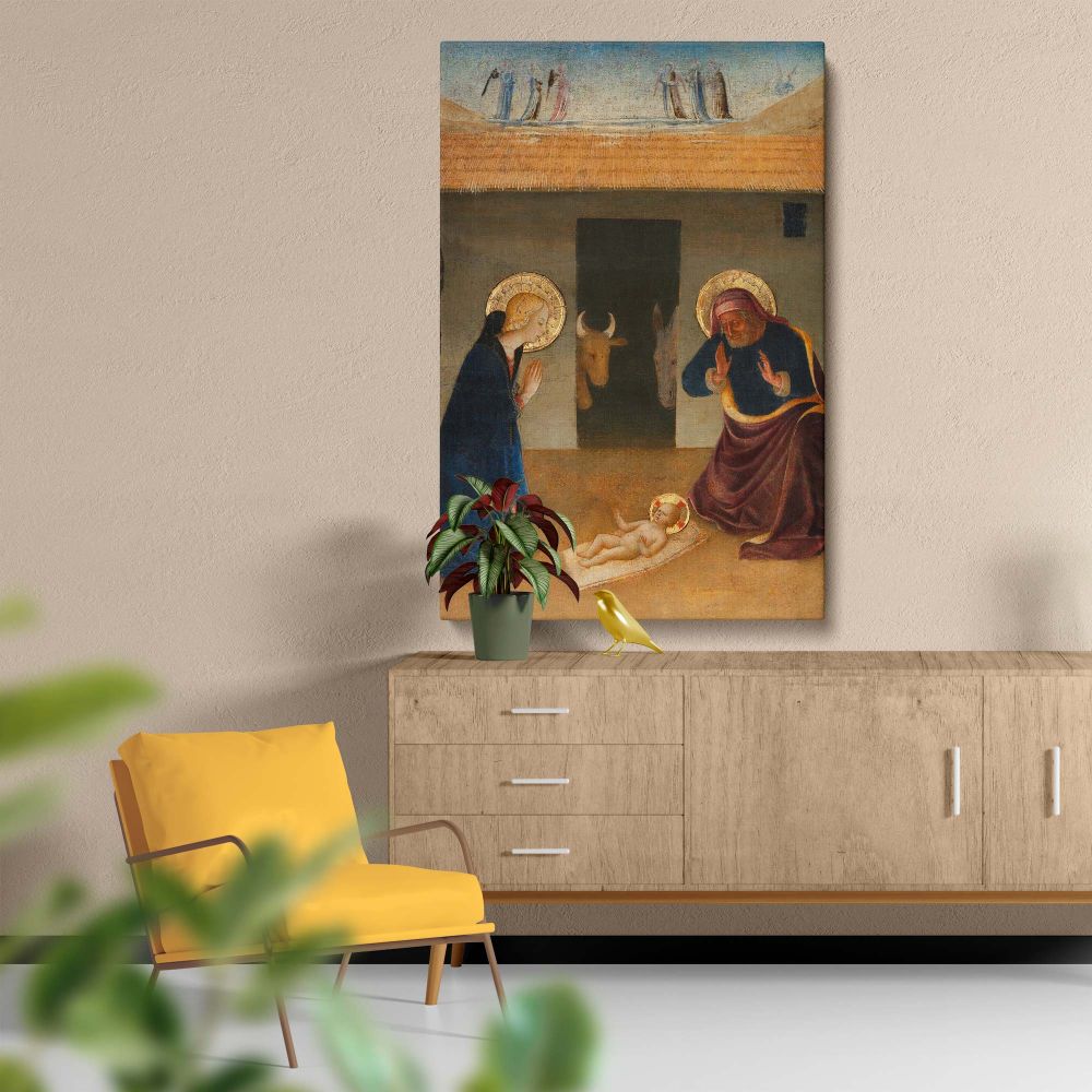 The Nativity by Zanobi Strozzi portrays Virgin Mary Joseph and baby Jesus in a rustic stable with an ox and donkey present halos glowing brightly and angels in the sky symbolizing divine grace humility and love in Christian religious painting.