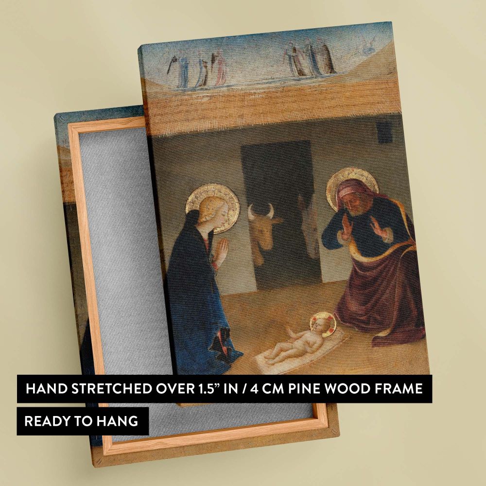 Religious artwork by Zanobi Strozzi depicting the Nativity scene with Virgin Mary Joseph and baby Jesus set in a simple stable with celestial angels golden halos and animals creating a serene and holy atmosphere in Renaissance art.