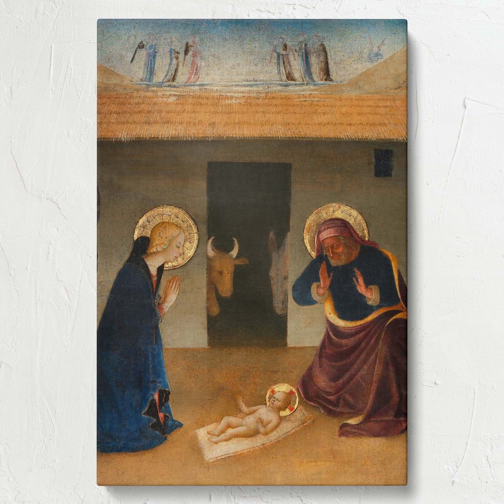 Zanobi Strozzi's Nativity painting shows the Virgin Mary and Joseph humbly kneeling beside baby Jesus lying on a straw mat with halos glowing an ox and donkey observing and angels above representing divine light and peace.