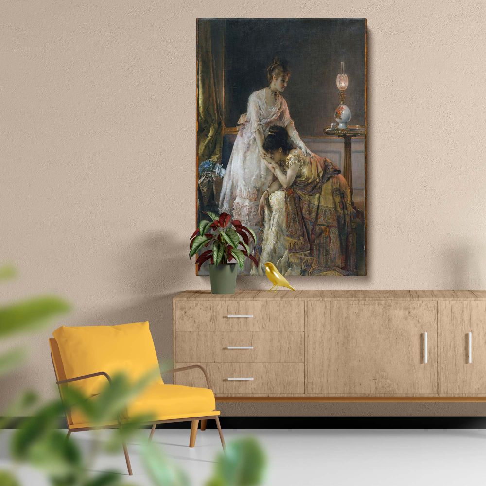 A stunning oil painting After the Ball by Alfred Stevens depicts an intimate emotional scene of two women in luxurious Victorian dresses one comforting the other set in a dimly lit room with ornate patterns fabrics and a glowing oil lamp.