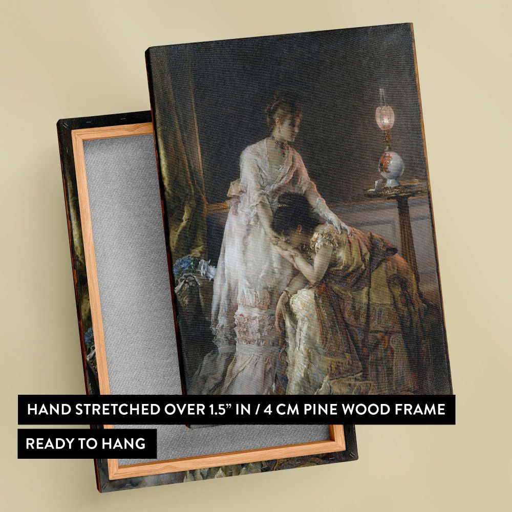 Alfred Stevens' After the Ball portrays an emotional post-event moment between two women in Victorian attire surrounded by intricate fabrics and the soft warm glow of an oil lamp creating an atmosphere of intimacy solace and timeless elegance.