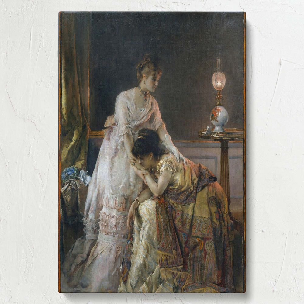 After the Ball by Alfred Stevens illustrates a moving emotional scene where two Victorian women share a moment of comfort in a richly decorated dimly lit room with stunning details on their dresses soft lighting and a beautiful antique oil lamp.