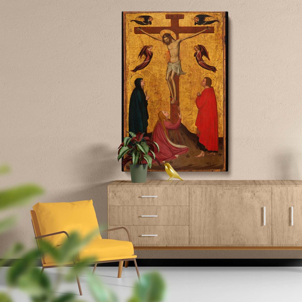 Medieval gold-leaf painting depicting the Crucifixion of Jesus Christ, surrounded by two angels above and mourning figures below, including the Virgin Mary and John the Apostle, symbolizing faith, sacrifice, and divine love in Christian art.