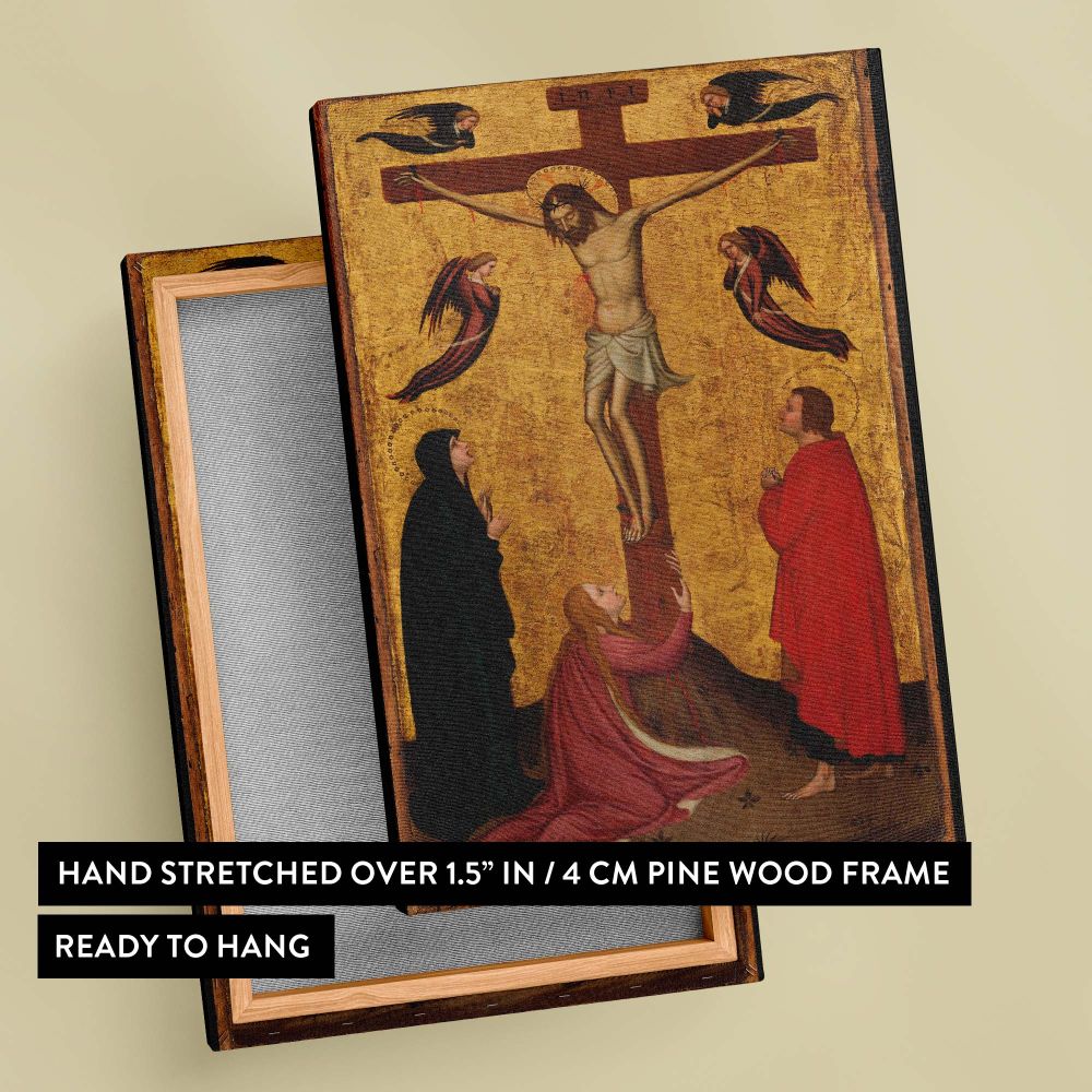 The Crucifixion scene captures Jesus Christ on the wooden cross, angels hovering above collecting his sacred blood, and mourners including Mary Magdalene and John the Apostle grieving below, all set against a luminous golden background.