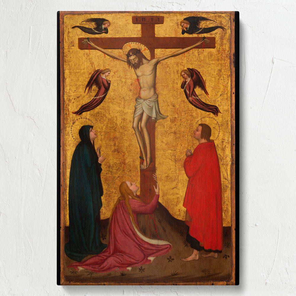 Christian medieval painting of the Crucifixion with Jesus Christ on the cross, surrounded by two angels in prayer above and mourners below, including Mary and John, set against a shimmering gold-leaf background representing divine holiness.