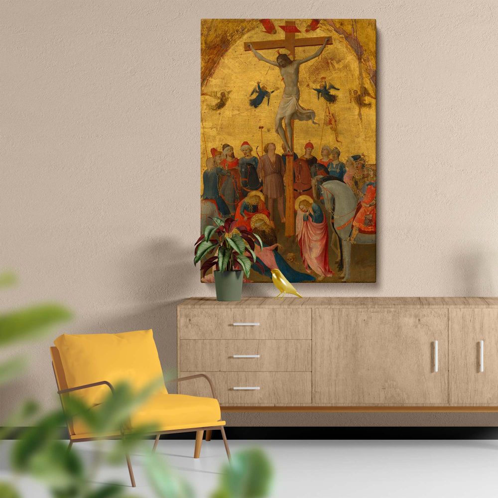 Medieval painting of The Crucifixion showing Jesus Christ on the cross, mourners, Roman soldiers, and angels, set against a glowing golden background, capturing sorrow, faith, and divine sacrifice with intricate brushwork and symbolic detail.
