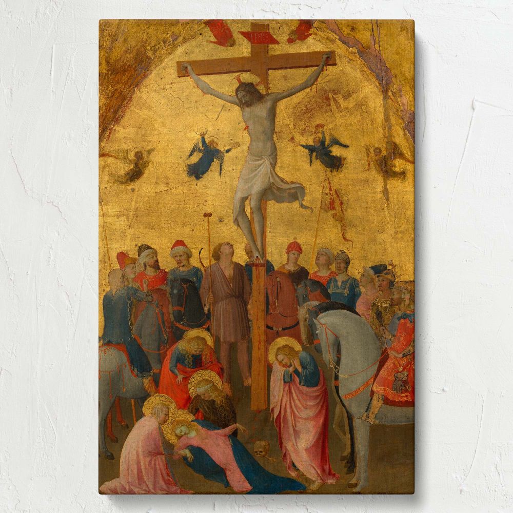 The Crucifixion religious art piece portraying Jesus on the cross surrounded by angels mourners Roman soldiers and figures expressing sorrow and devotion set against a luminous golden background symbolizing divine grace and redemption.