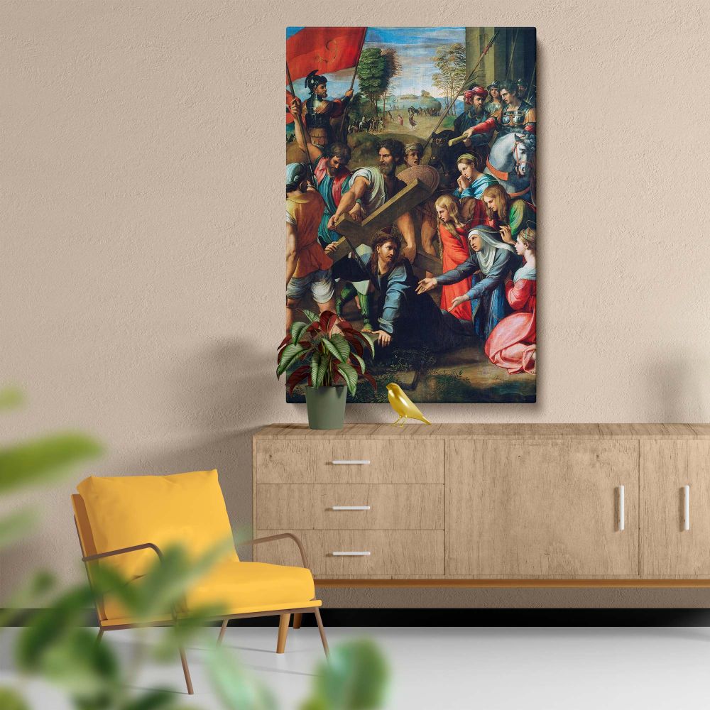 In Christ Falling on the Way to Calvary by Raphael, Jesus carries the heavy cross while mourners and Roman soldiers surround him, their faces showing sorrow and grief, creating a powerful representation of faith and sacrifice in Renaissance art.