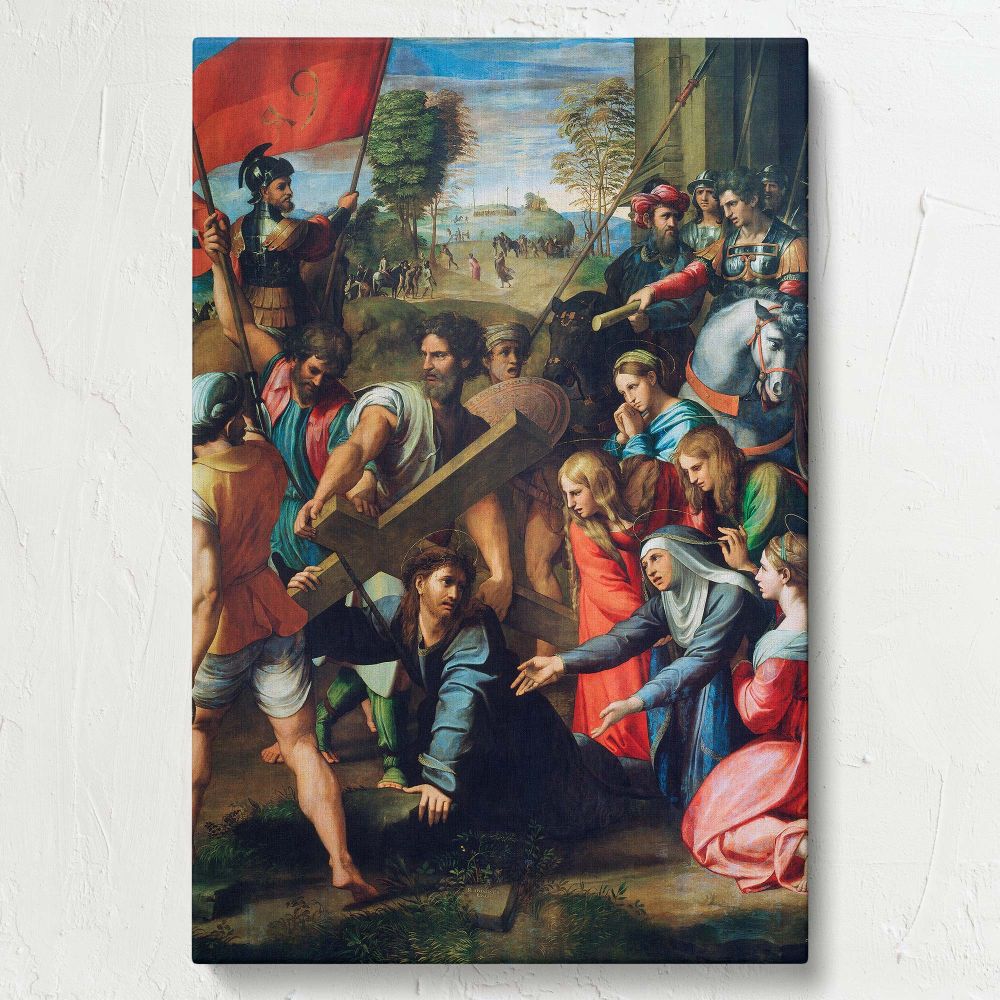 Iconic Renaissance painting Christ Falling on the Way to Calvary by Raphael depicts Jesus carrying the cross surrounded by Roman soldiers and sorrowful women, symbolizing suffering, faith, and sacrifice in an emotional biblical representation.