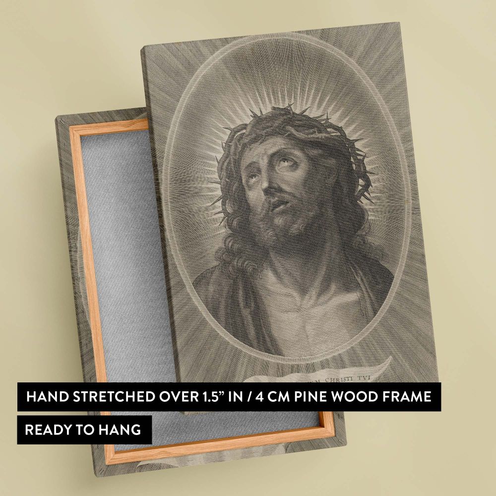 Detailed engraving of Christ wearing a crown of thorns surrounded by radiant light, created by Adrian van Melar after Guido Reni, portraying Christ's solemn upward gaze and spiritual resilience in a powerful religious composition.