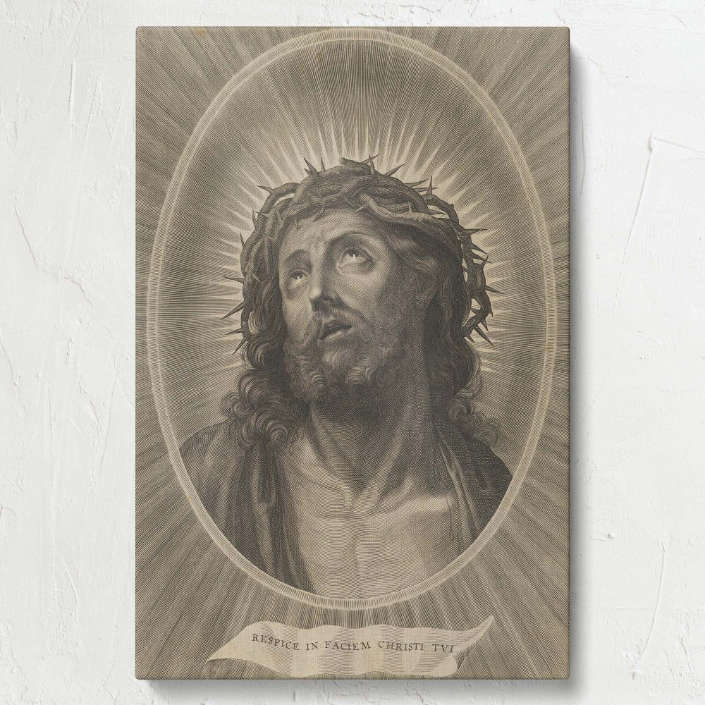 Christ's face with a crown of thorns, engraved by Adrian van Melar after Guido Reni, depicted in an oval frame with radiant beams of light symbolizing divine love, suffering, and eternal faith in an intricately detailed classical engraving.