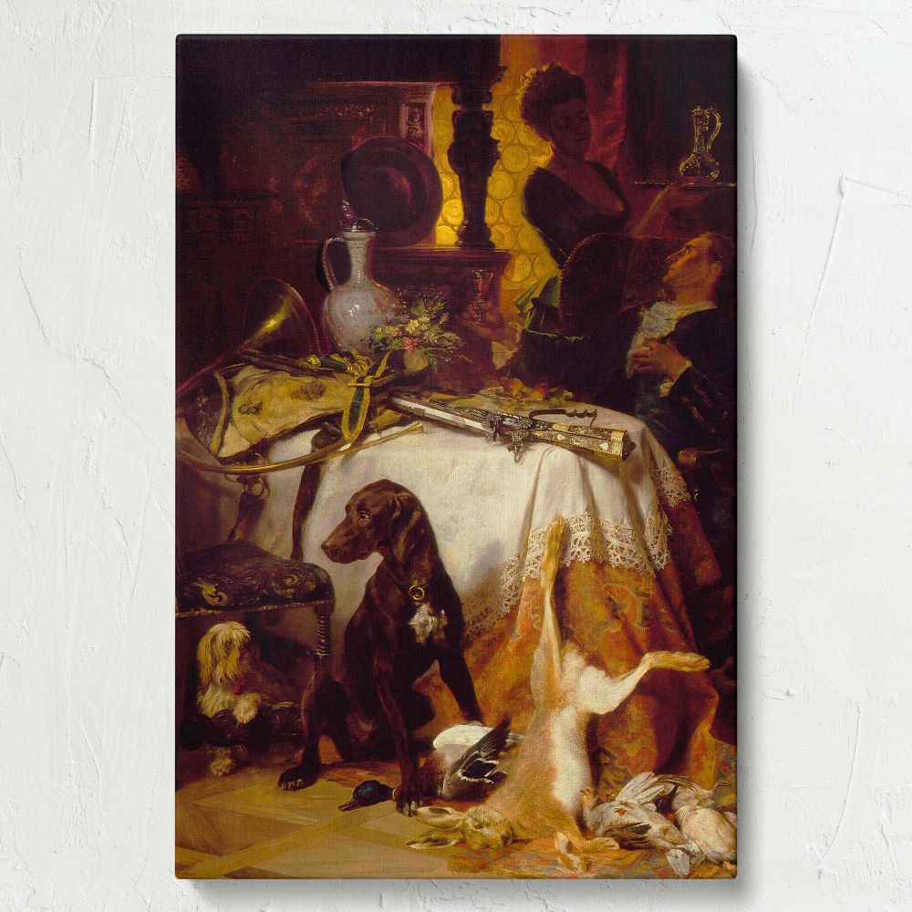 After the Hunt by David Neal displays a vintage hunting scene with two loyal dogs, an ornate table set with hunting spoils, a reclining aristocrat, and a woman holding a silver jug, illuminated by warm golden light in an opulent interior.