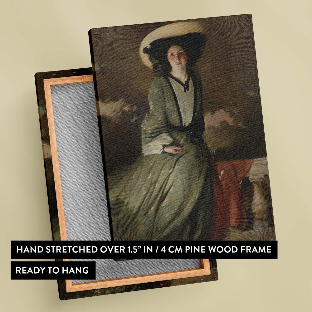 Vintage portrait artwork by John White Alexander portraying Mrs. John White Alexander seated gracefully in a flowing green gown with a wide hat, highlighted by a warm-toned background and subtle contrasts adding depth to the scene.