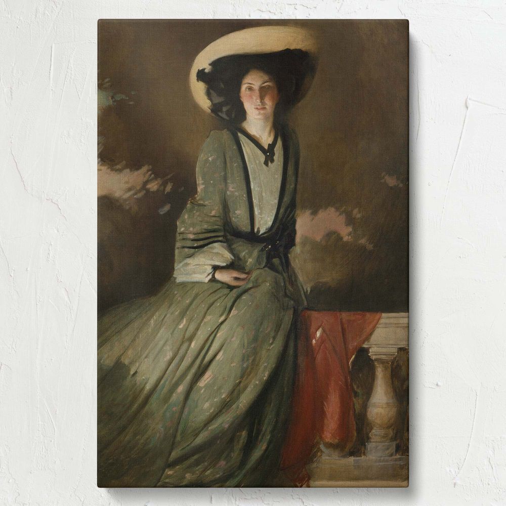 Classic oil painting of Mrs. John White Alexander by John White Alexander, showcasing a woman in a vintage green gown and wide-brimmed hat with soft lighting and elegant detailing, accentuated by a draped red cloth on the railing.